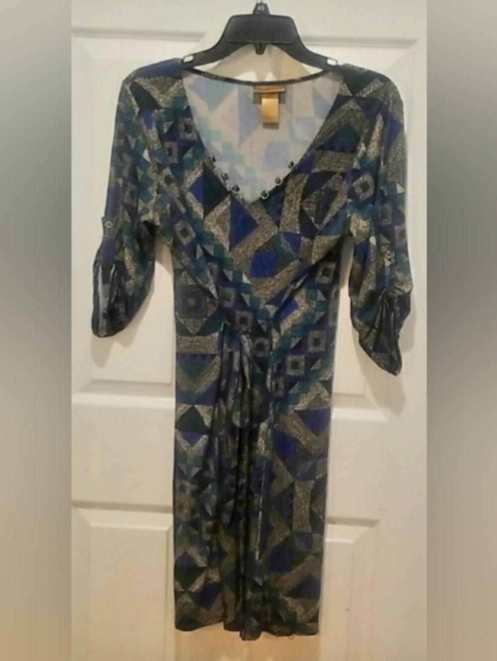 Tina Knowles Geometric Belted V-Neck Dress Large (12/14) Knee Length V-Neck
